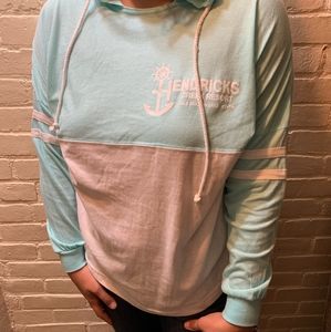 White and light blue hooded pullover aqua/white